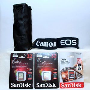 Canon Rebel/EOS: Strap, Lens/Flash Pouch, San Disk 2 x 32 GB SDHC Cards Acc. KIT